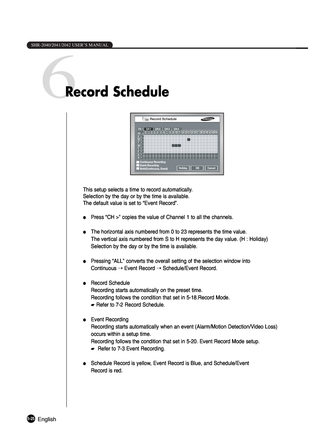 Samsung SHR-2042P250, SHR-2040P250 manual 6Record Schedule, English 