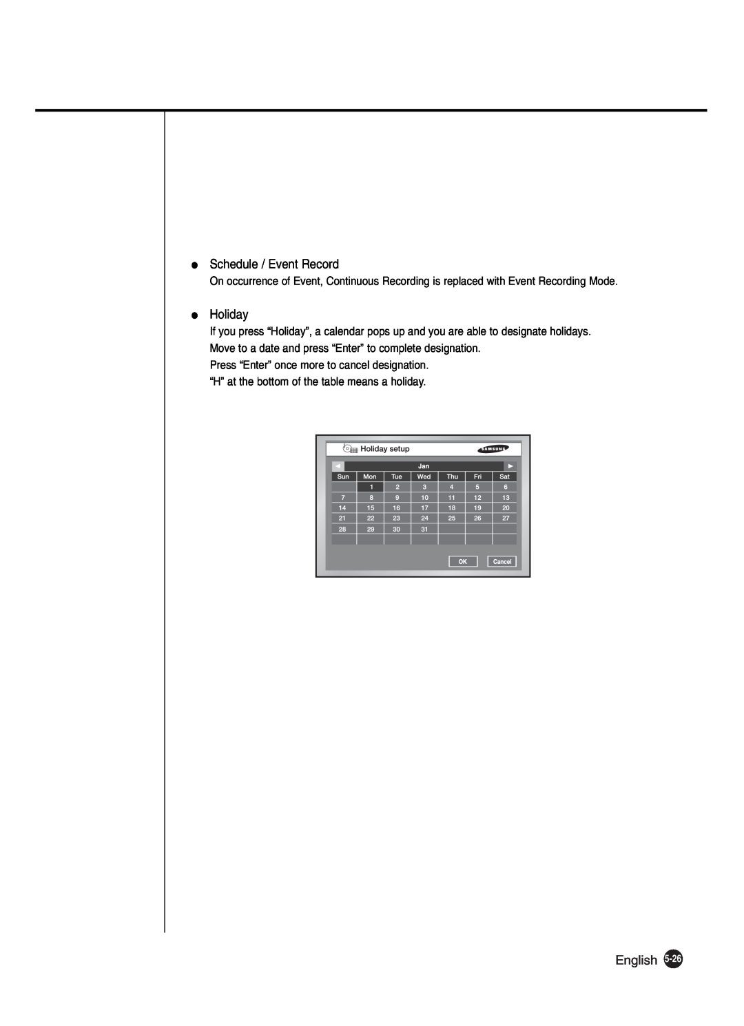 Samsung SHR-2042P250, SHR-2040P250 manual Schedule / Event Record, Holiday, English 