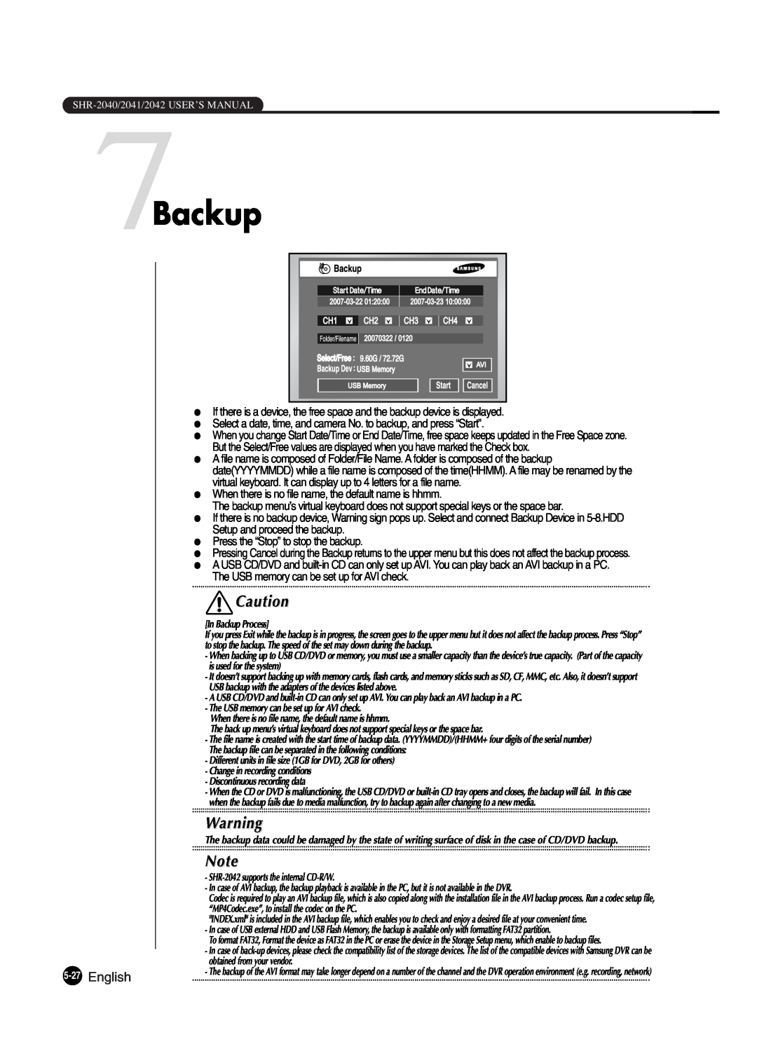 Samsung SHR-2042P250, SHR-2040P250 manual 7Backup, English 