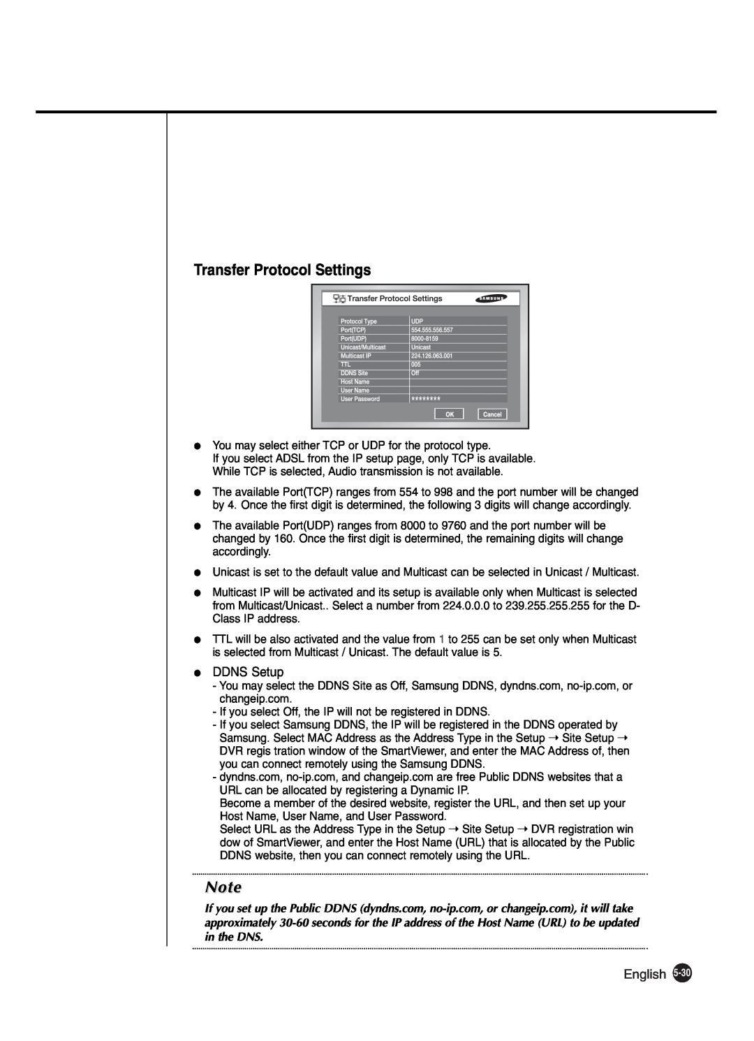 Samsung SHR-2042P250, SHR-2040P250 manual Transfer Protocol Settings, DDNS Setup, English 