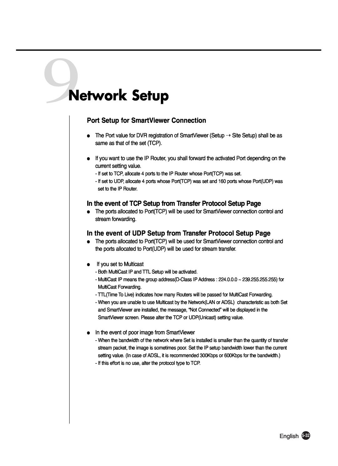 Samsung SHR-2040P250, SHR-2042P250 manual 9Network Setup, Port Setup for SmartViewer Connection, English 