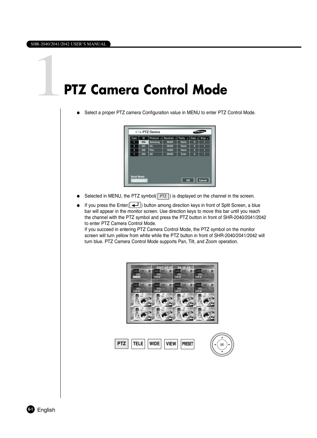 Samsung SHR-2042P250, SHR-2040P250 manual 1PTZ Camera Control Mode, English, Ptz Tele Wide View Preset 