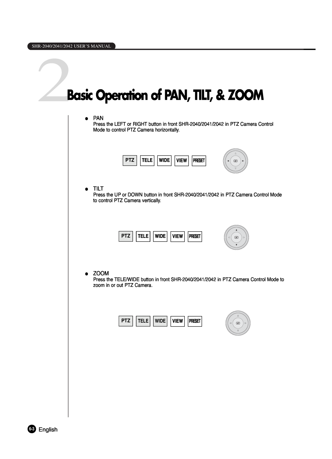Samsung SHR-2042P250, SHR-2040P250 manual 2Basic Operation of PAN, TILT, & ZOOM, Ptz Tele Wide View Preset 