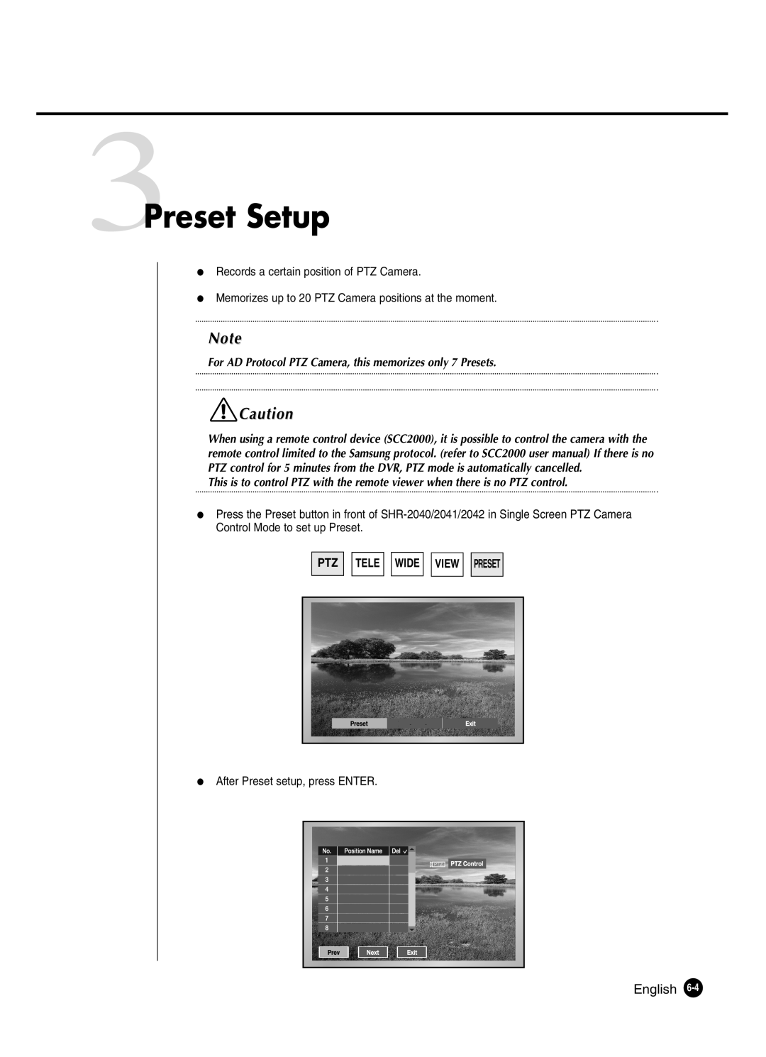 Samsung SHR-2042P 3Preset Setup, For AD Protocol PTZ Camera, this memorizes only 7 Presets, Ptz Tele Wide View Preset 