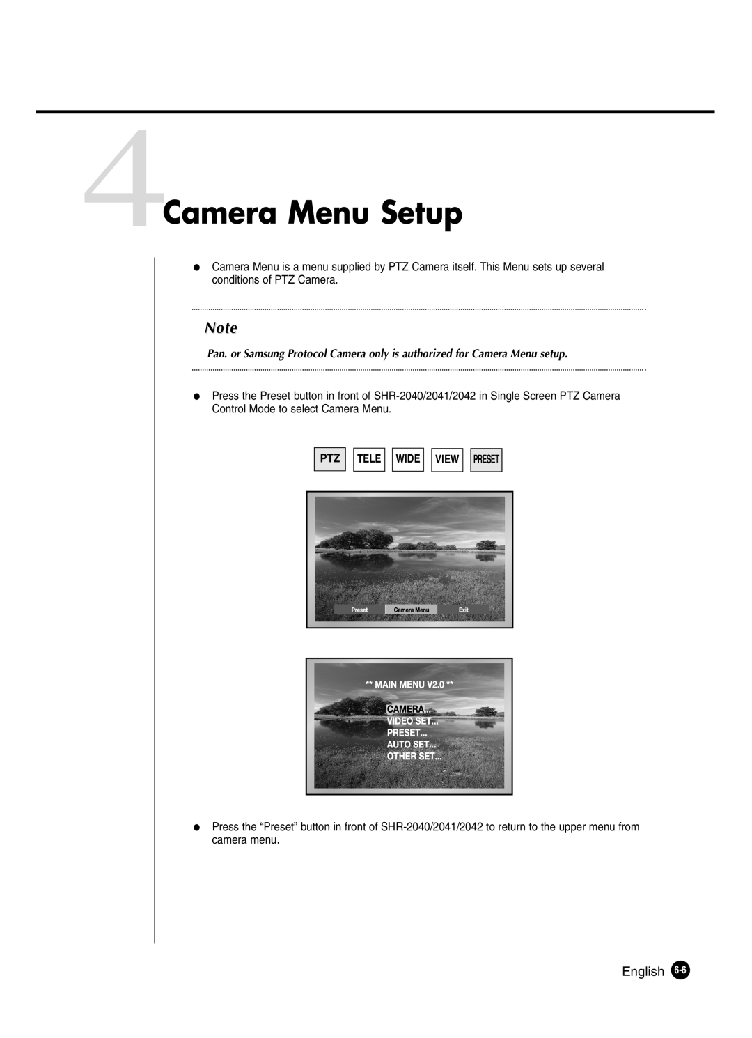 Samsung SHR-2040P250, SHR-2042P250 manual 4Camera Menu Setup, Ptz Tele, Wide View Preset 