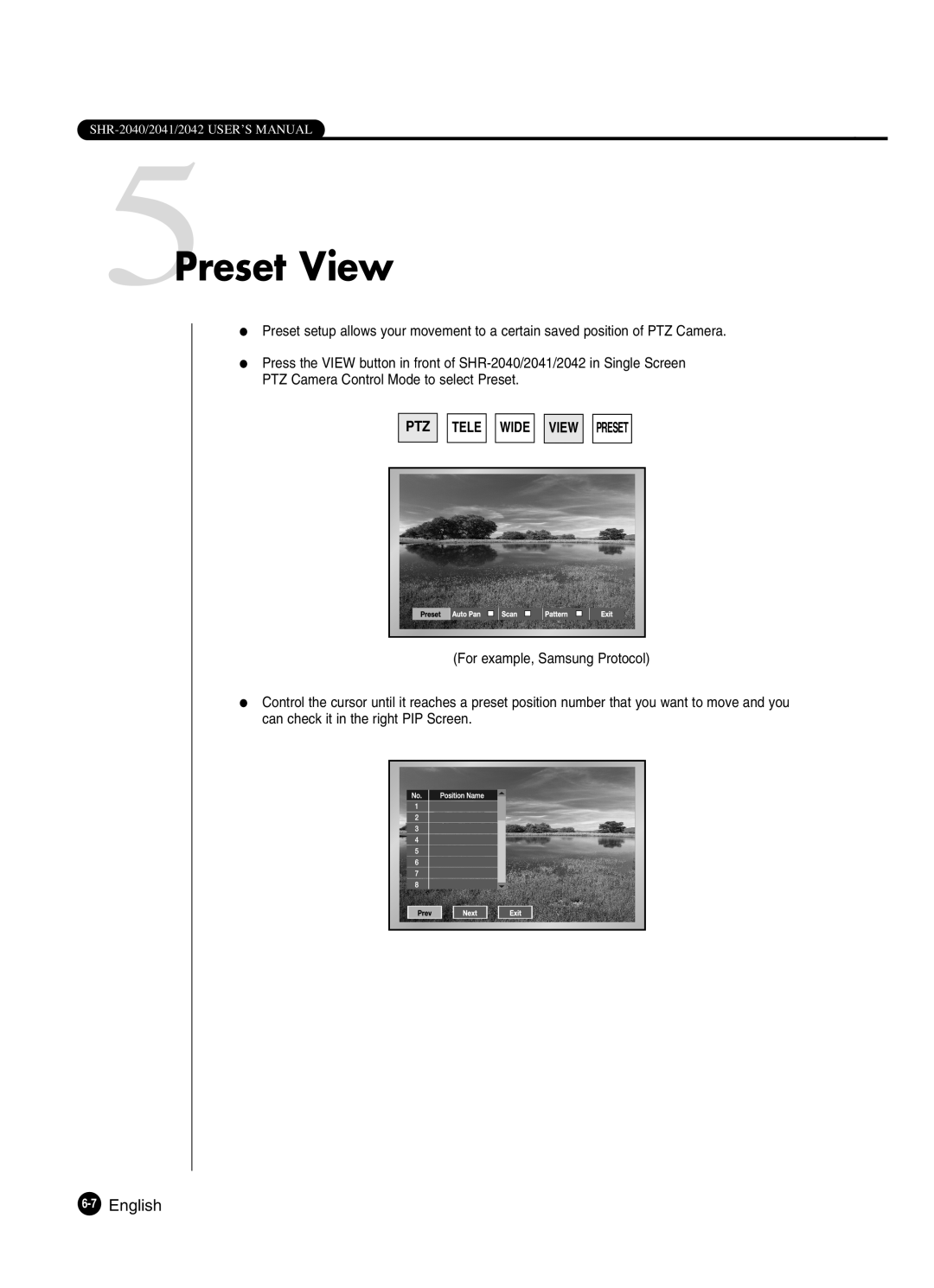 Samsung SHR-2042P250, SHR-2040P250 manual 5Preset View, English, Ptz Tele Wide View Preset 