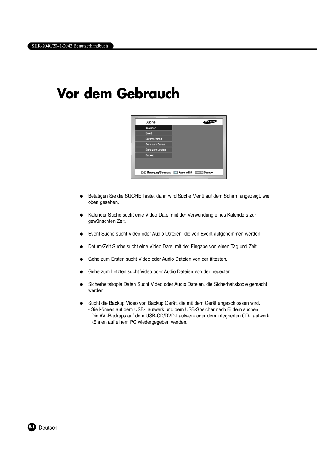 Samsung SHR-2080P manual Vor dem Gebrauch 