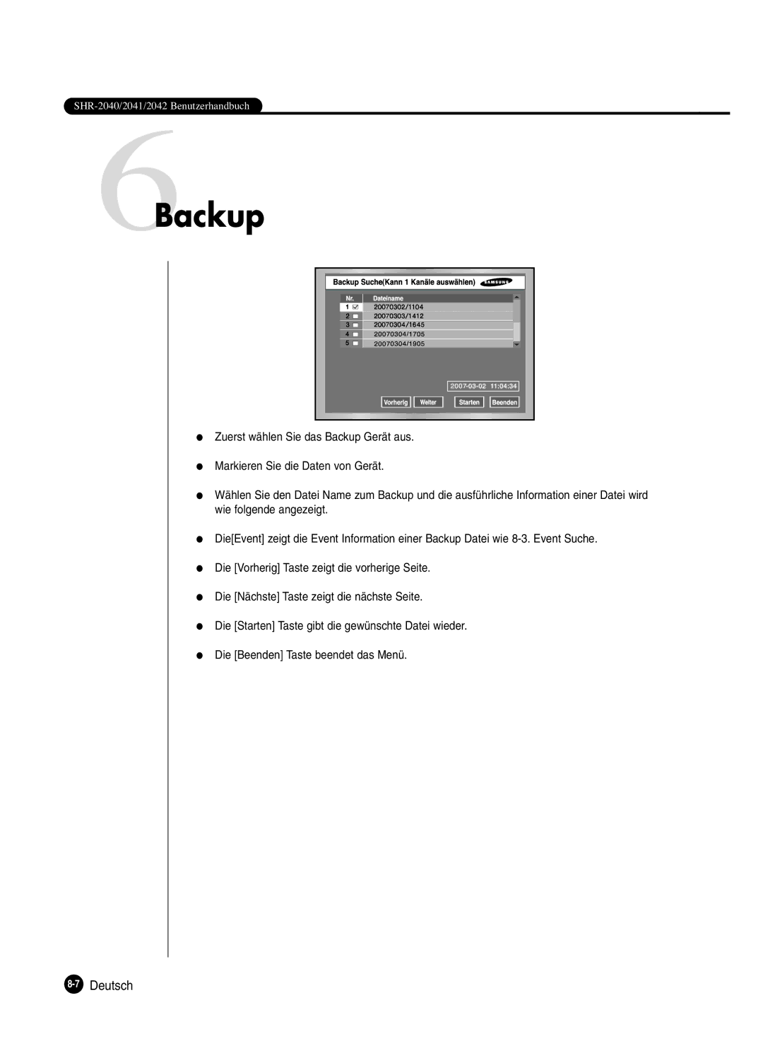 Samsung SHR-2080P manual 6Backup, 7Deutsch 