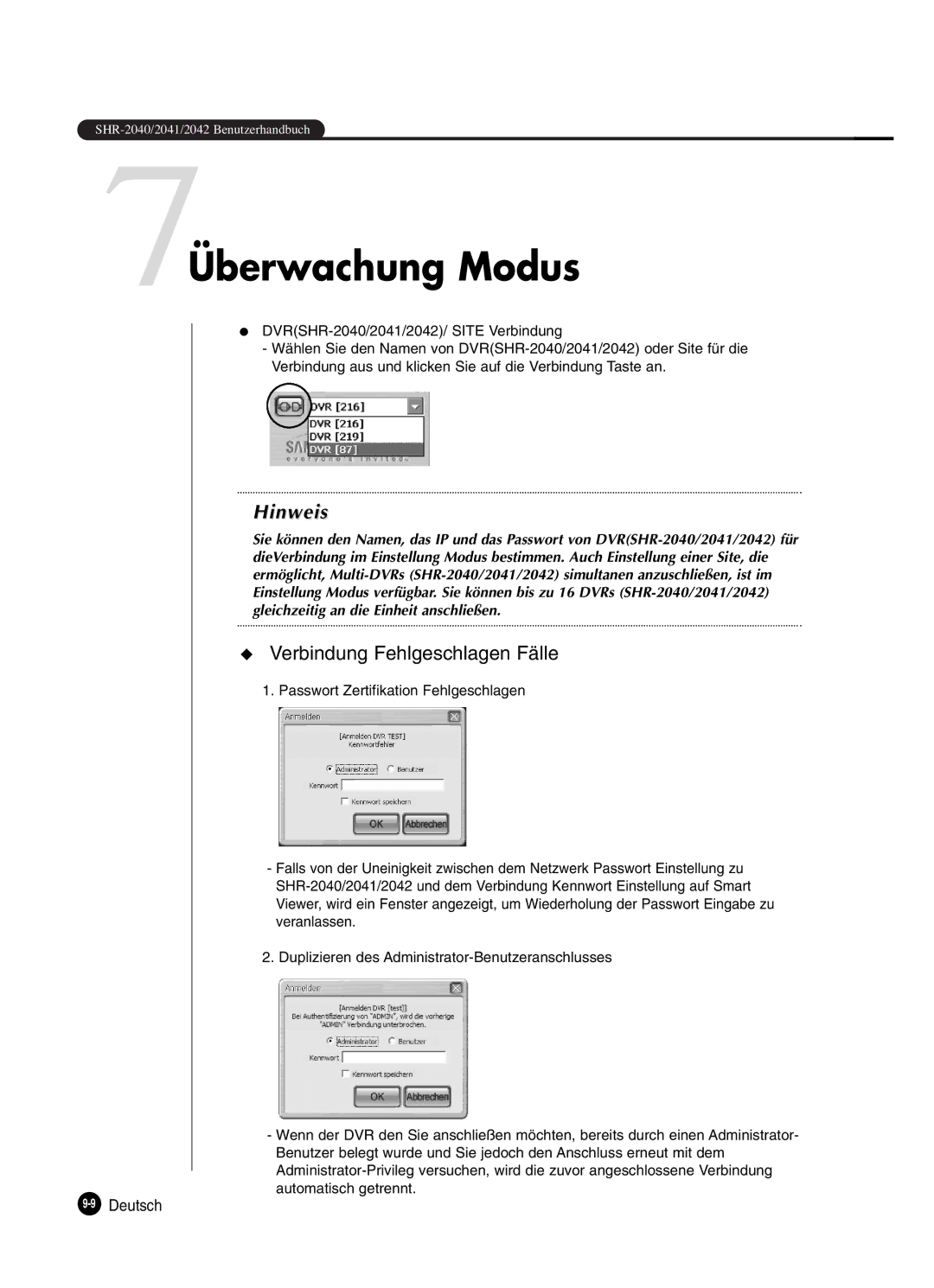 Samsung SHR-2080P manual 7Überwachung Modus, Verbindung Fehlgeschlagen Fälle 