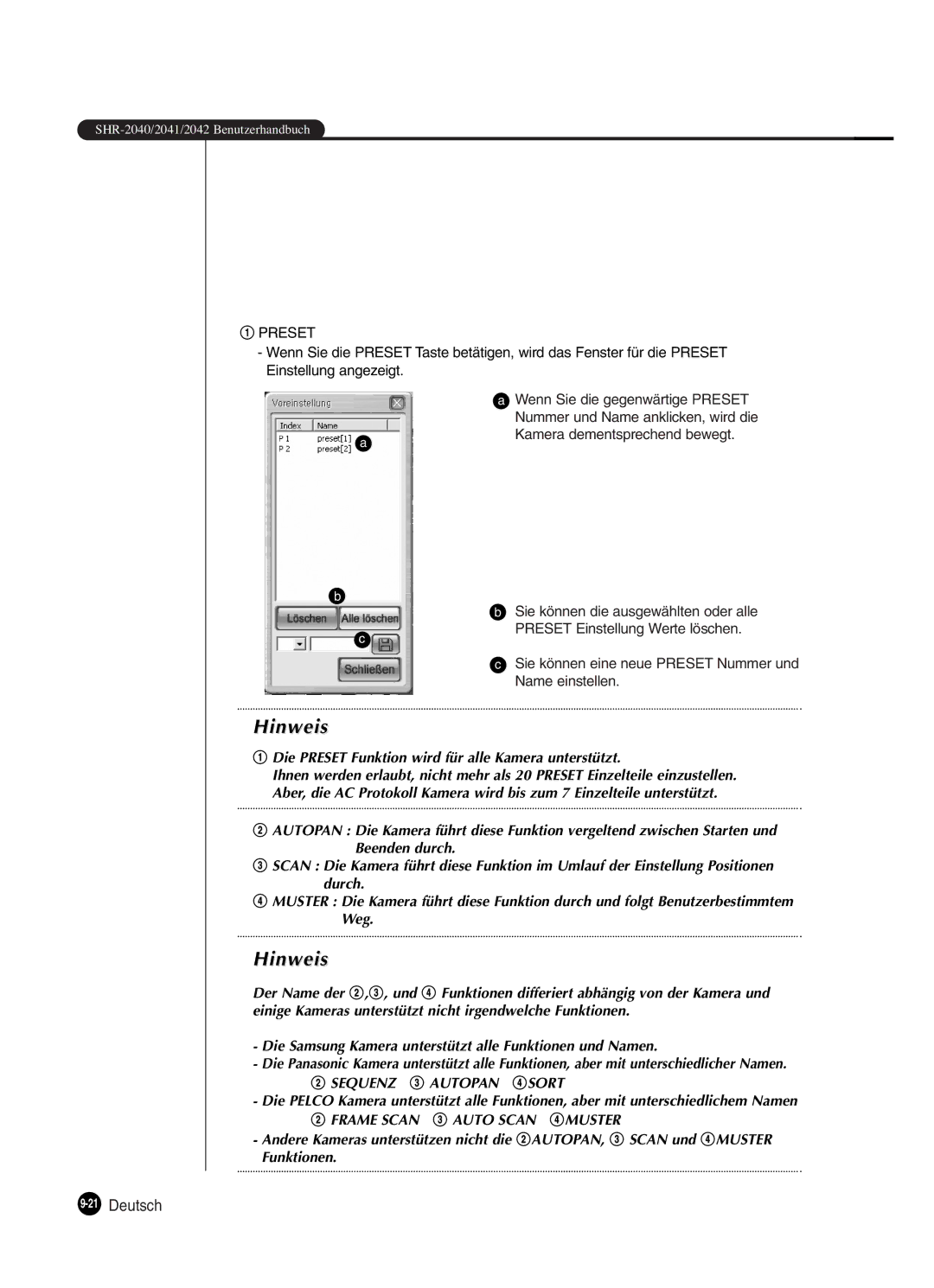 Samsung SHR-2080P manual Kamera dementsprechend bewegt, Sie können eine neue Preset Nummer und Name einstellen 