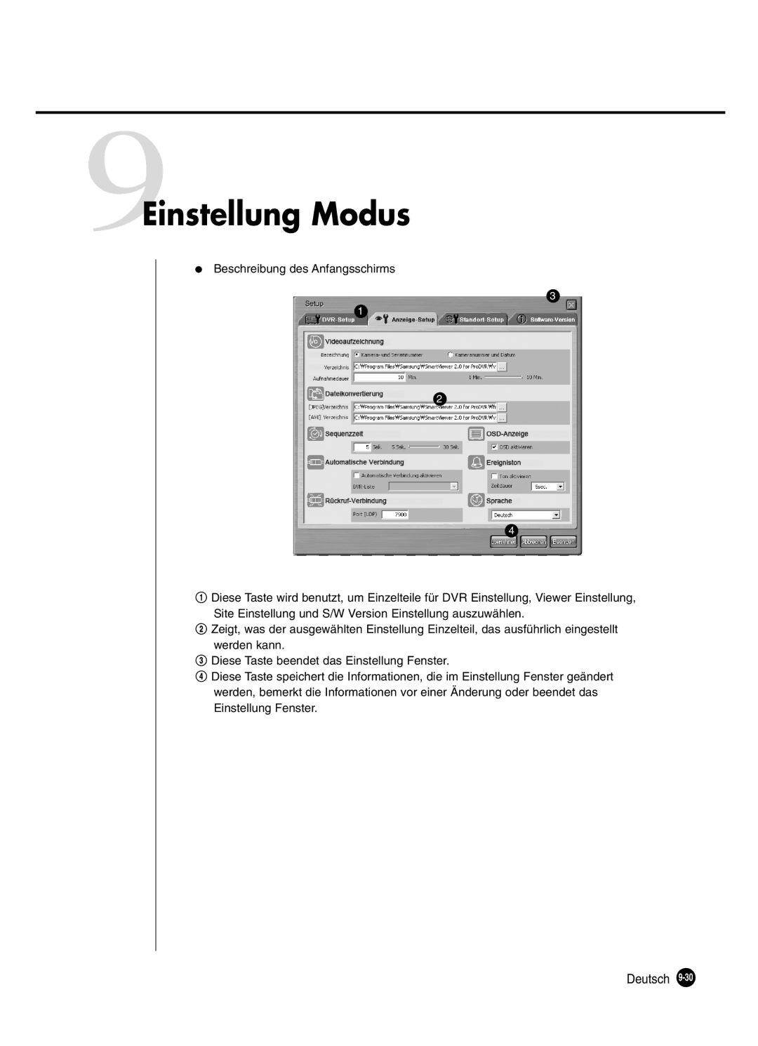 Samsung SHR-2080P manual 9Einstellung Modus 