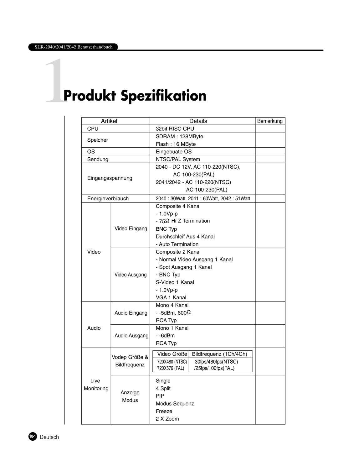 Samsung SHR-2080P manual 1Produkt Spezifikation, Artikel Details, 10-1Deutsch 