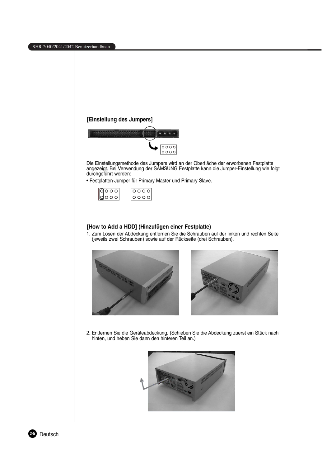 Samsung SHR-2080P manual Einstellung des Jumpers 