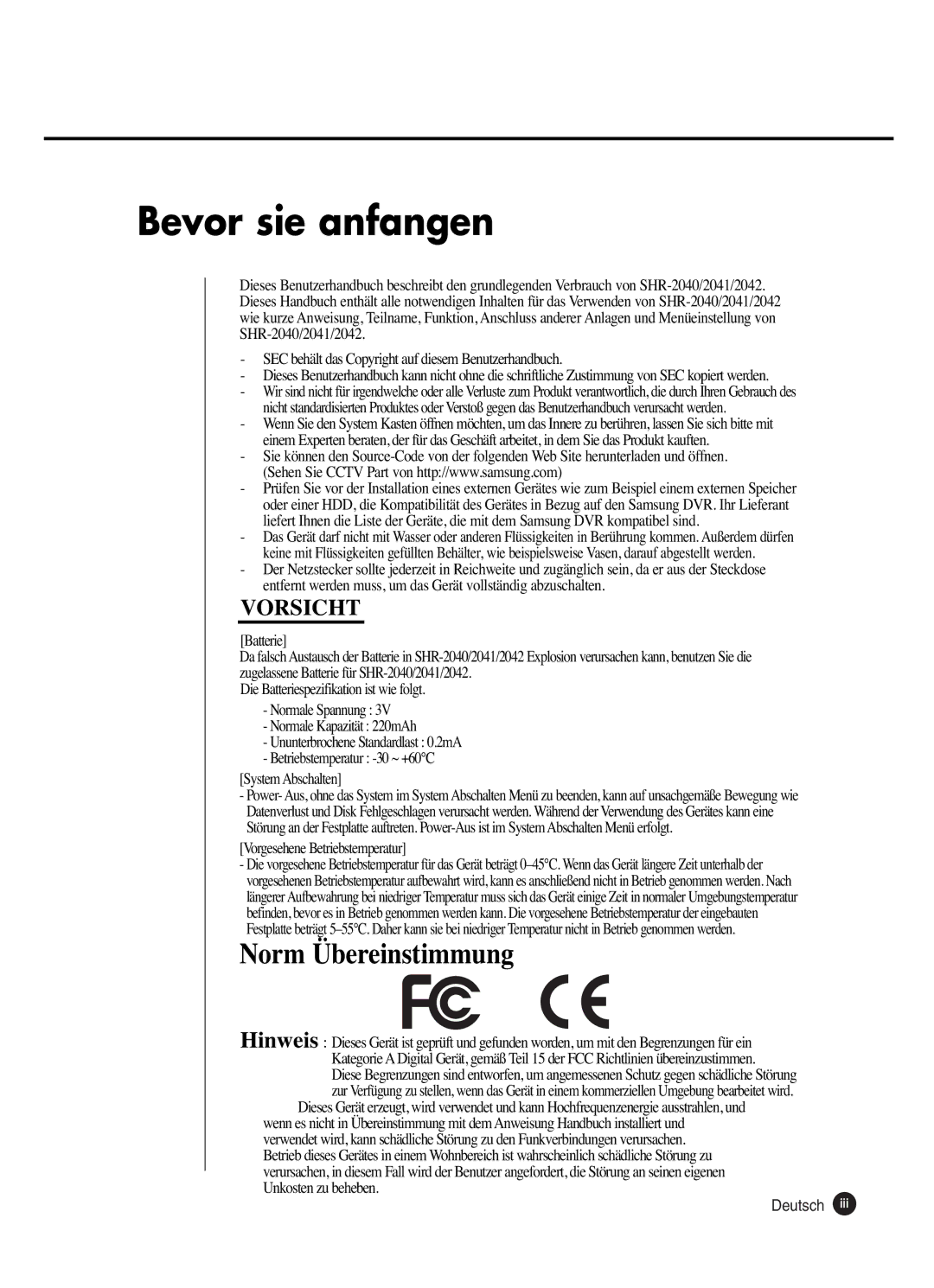 Samsung SHR-2080P manual Bevor sie anfangen, Deutsch 