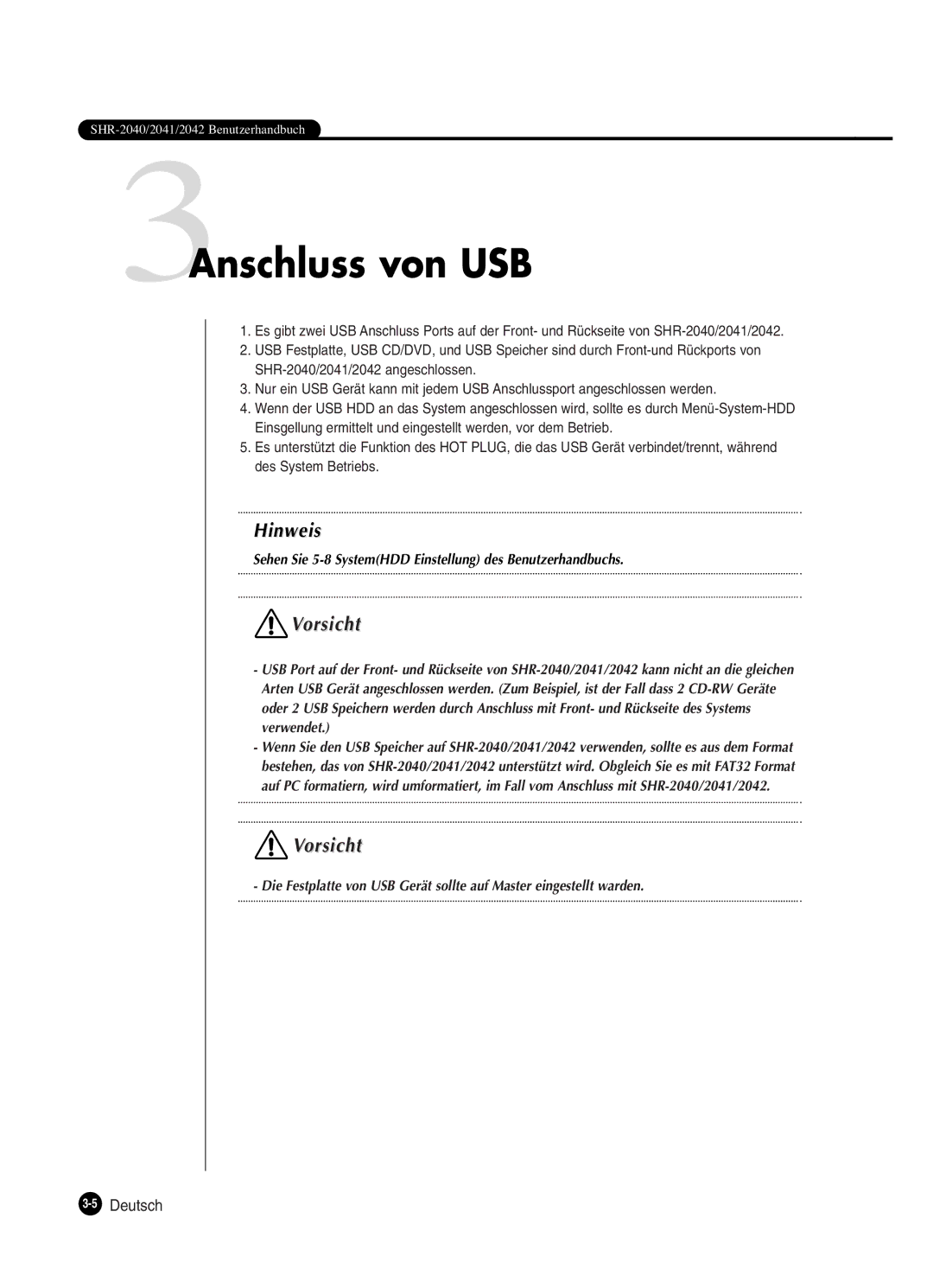 Samsung SHR-2080P manual 3Anschluss von USB, 5Deutsch 