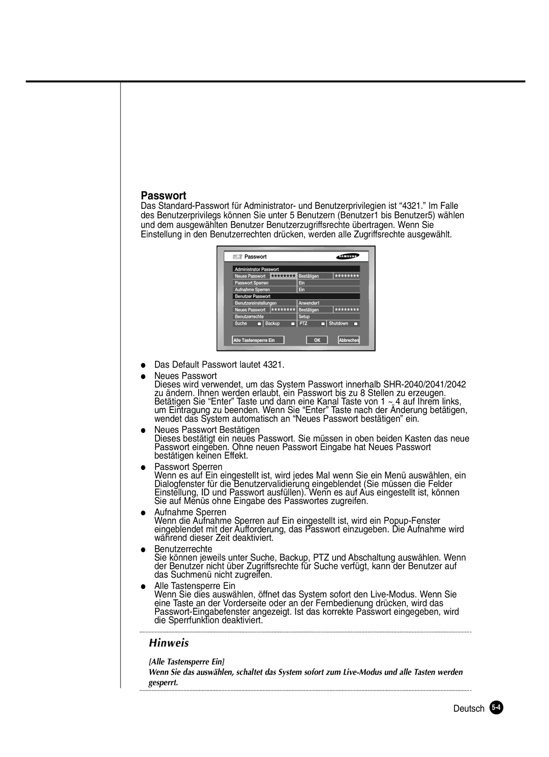 Samsung SHR-2080P manual Das Default Passwort lautet Neues Passwort 