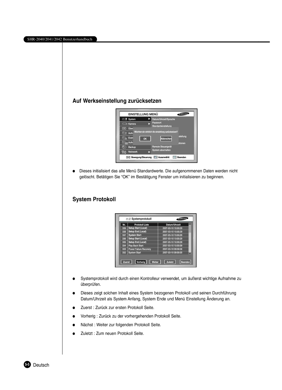 Samsung SHR-2080P manual Auf Werkseinstellung zurücksetzen, System Protokoll 