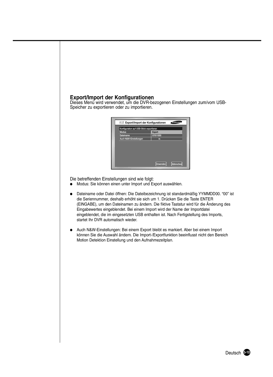 Samsung SHR-2080P manual Export/Import der Konfigurationen, Modus Sie können einen unter Import und Export auswählen 