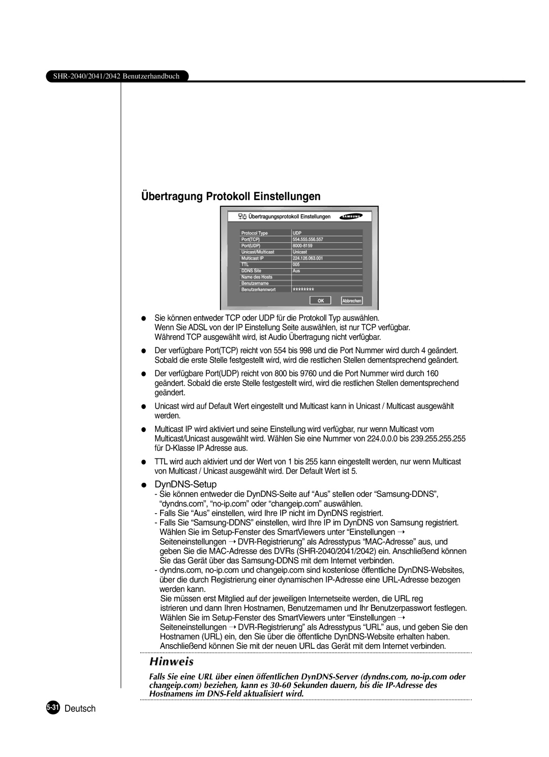 Samsung SHR-2080P manual Übertragung Protokoll Einstellungen, DynDNS-Setup, 31Deutsch 