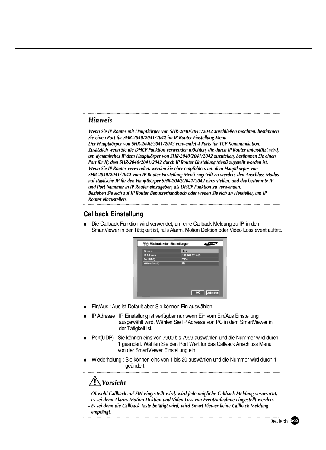 Samsung SHR-2080P manual Callback Einstellung 