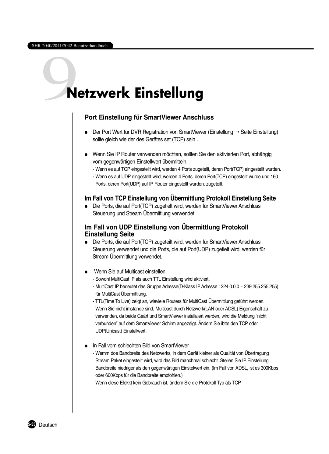 Samsung SHR-2080P manual 9Netzwerk Einstellung, Port Einstellung für SmartViewer Anschluss, 33Deutsch 