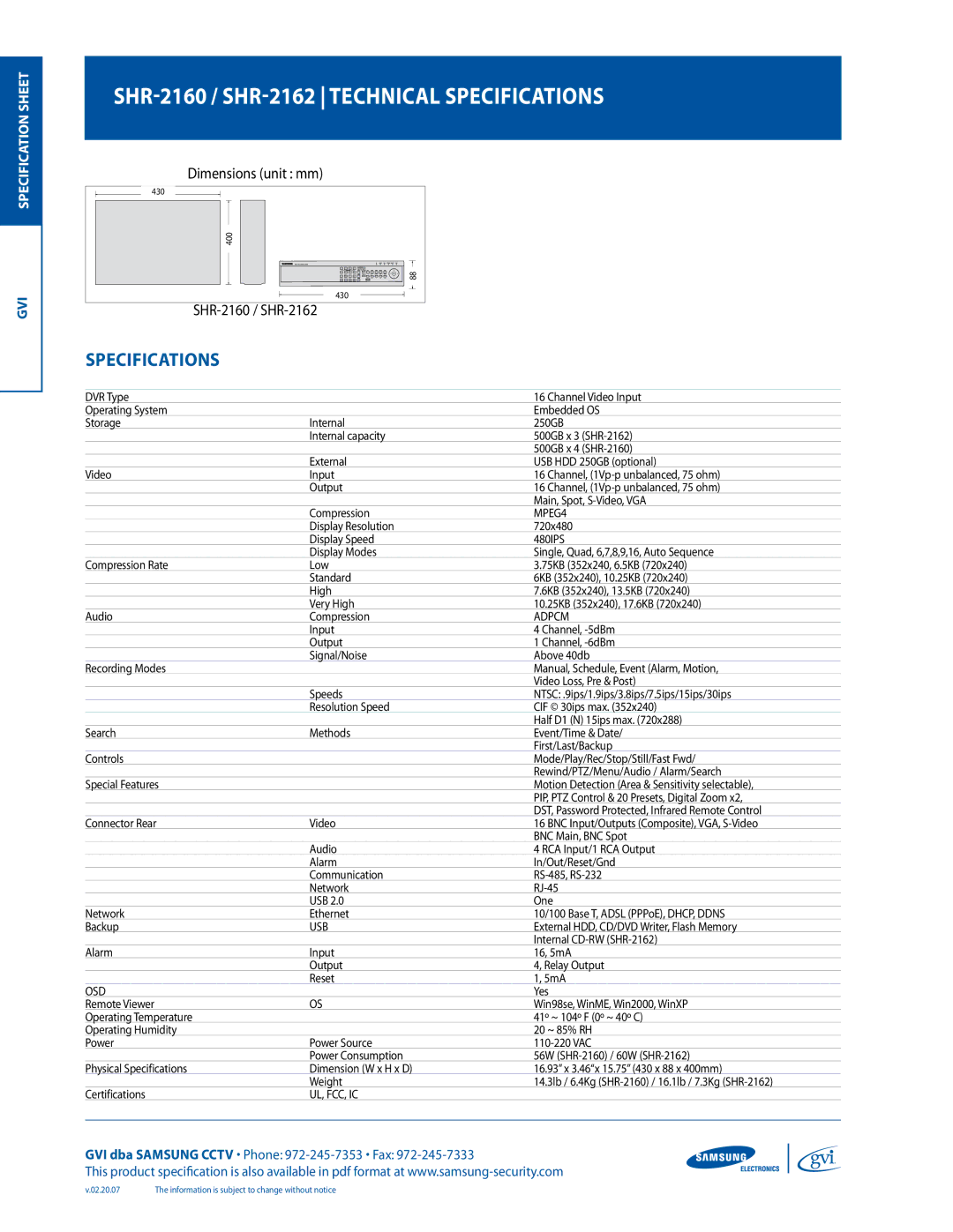 Samsung SHR-2162, SHR-2160 specifications Specifications 