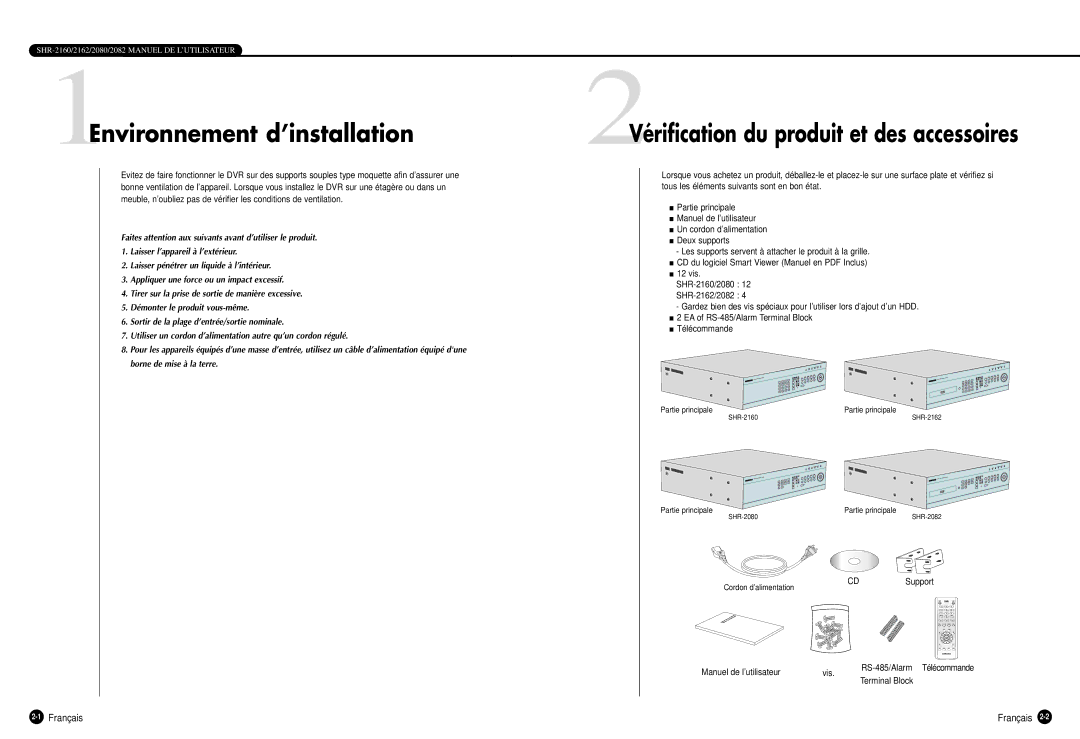 Samsung SHR-2082P, SHR-2162P manual 1Environnement d’installation, CDSupport Manuel de l’utilisateur Vis, Terminal Block 