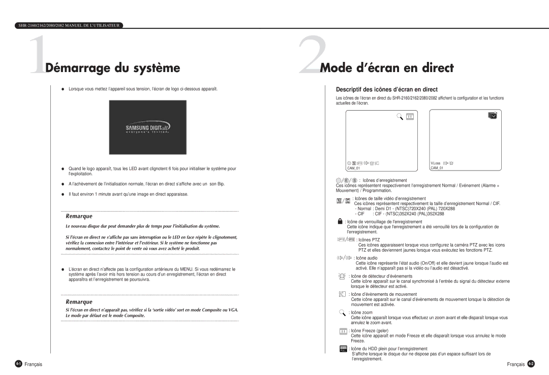 Samsung SHR-2082P, SHR-2162P manual 1Démarrage du système, 2Mode d’écran en direct, Descriptif des icônes d’écran en direct 