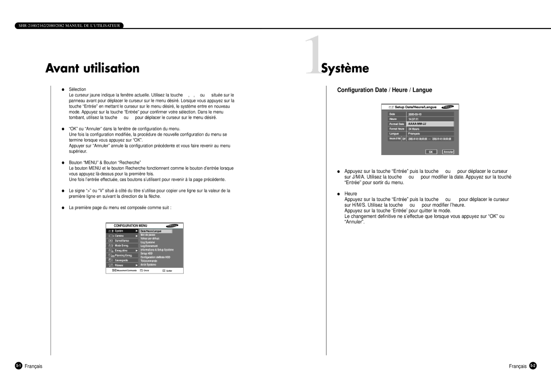 Samsung SHR-2160P, SHR-2162P, SHR-2080P manual Avant utilisation, 1Système, Configuration Date / Heure / Langue, Sélection 