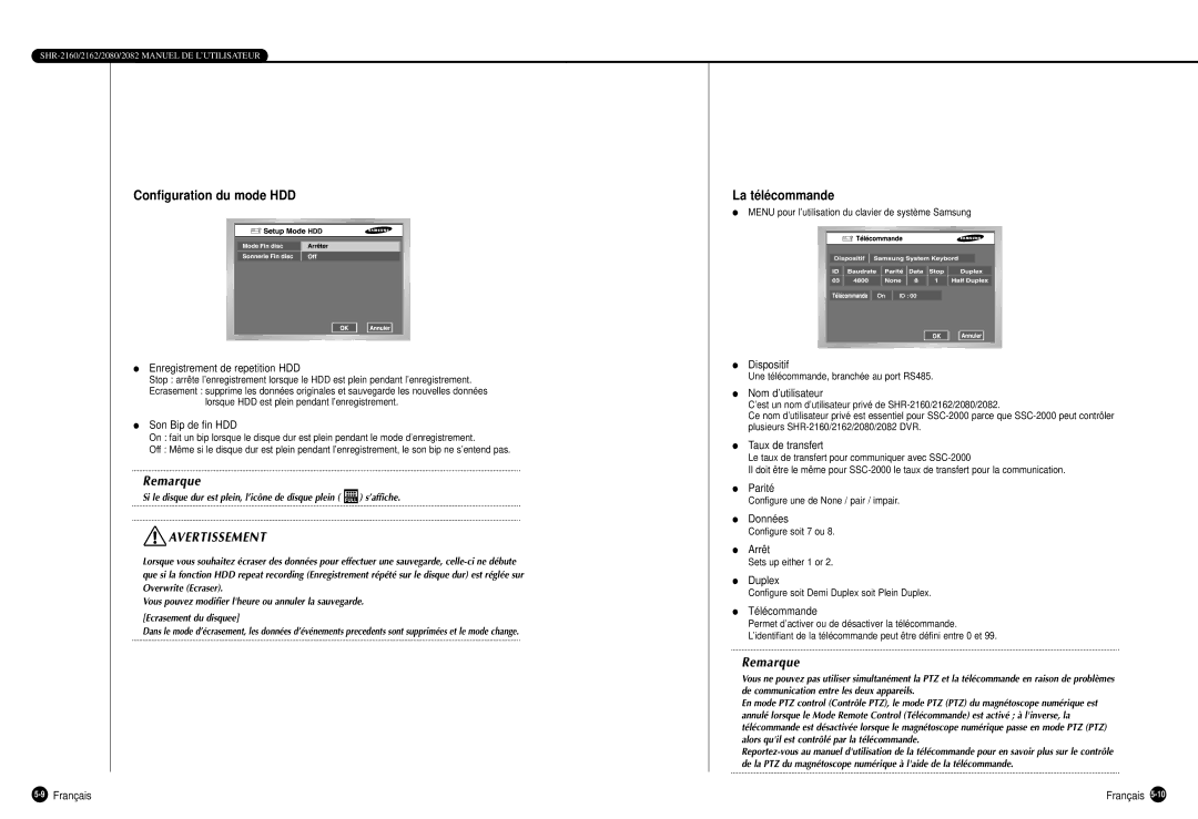 Samsung SHR-2082P500, SHR-2160P, SHR-2080P, SHR-2162P750, SHR-2162P500 manual Configuration du mode HDD, La télécommande 