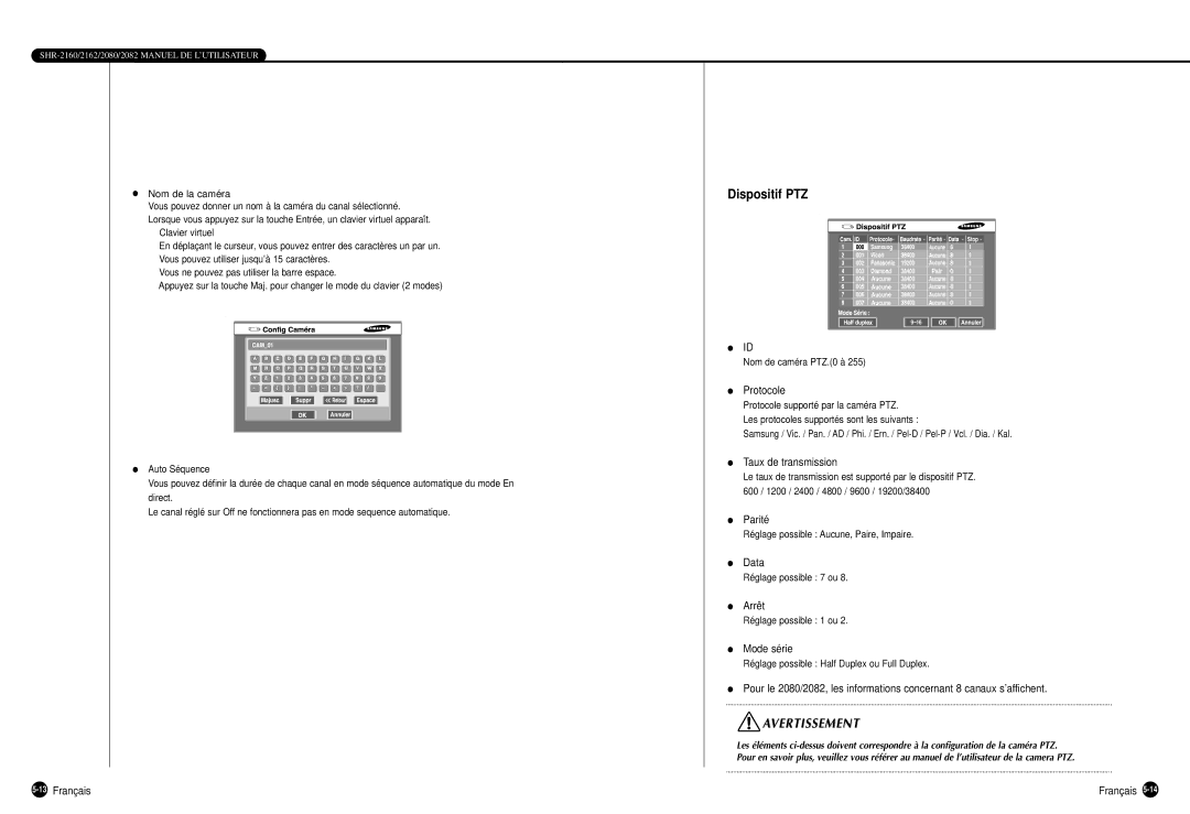 Samsung SHR-2162P, SHR-2160P, SHR-2080P, SHR-2082P manual Dispositif PTZ, Protocole, Taux de transmission, Data, Mode série 