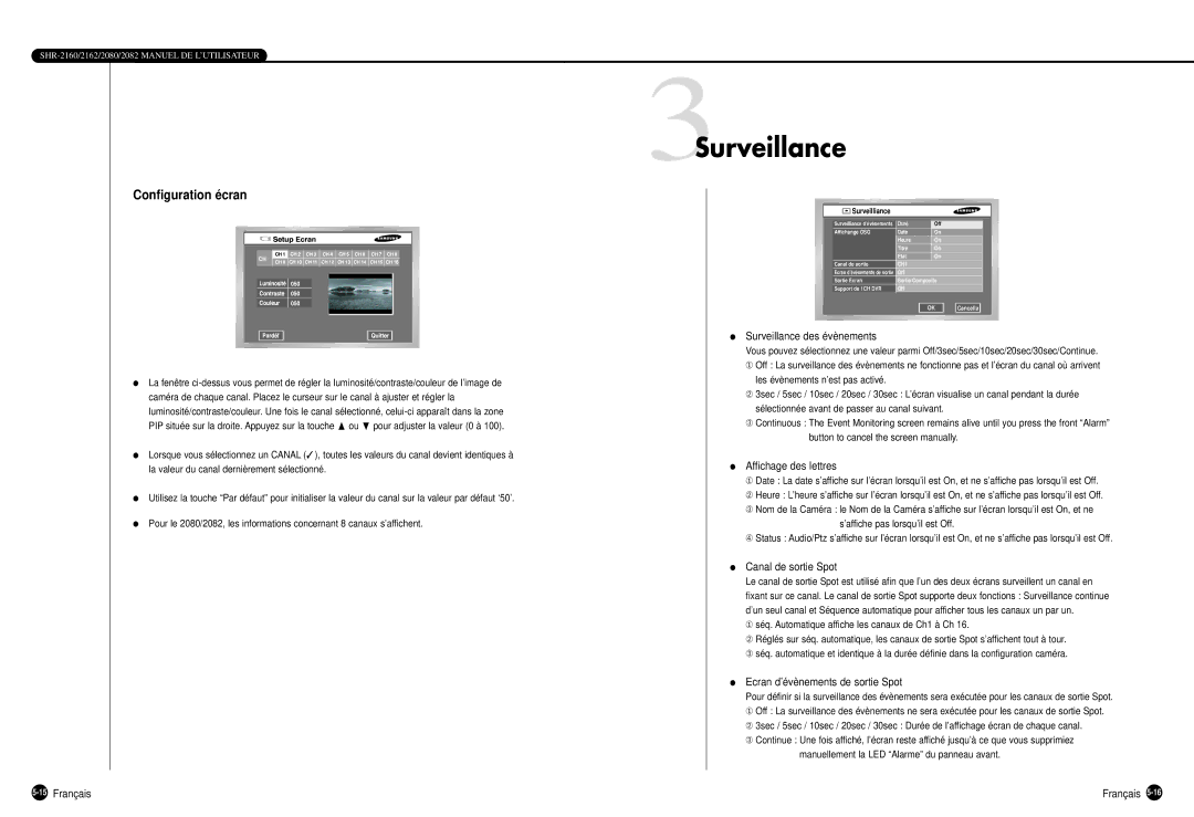 Samsung SHR-2160P, SHR-2162P, SHR-2080P 3Surveillance, Configuration écran, Affichage des lettres, Canal de sortie Spot 