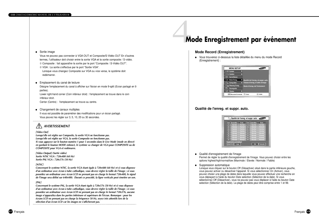 Samsung SHR-2080P manual 4Mode Enregistrement par événement, Mode Record Enregistrement, Qualité de lenreg. et suppr. auto 