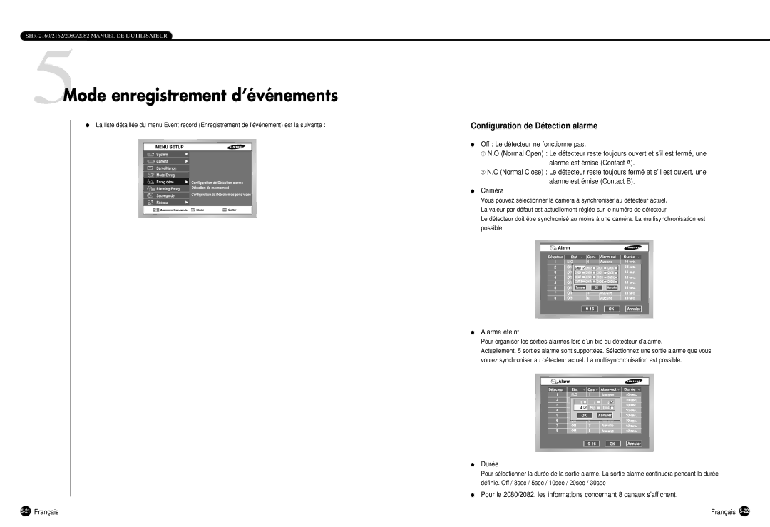 Samsung SHR-2162P750 manual 5Mode enregistrement d’événements, Configuration de Détection alarme, 21Français, Alarme éteint 