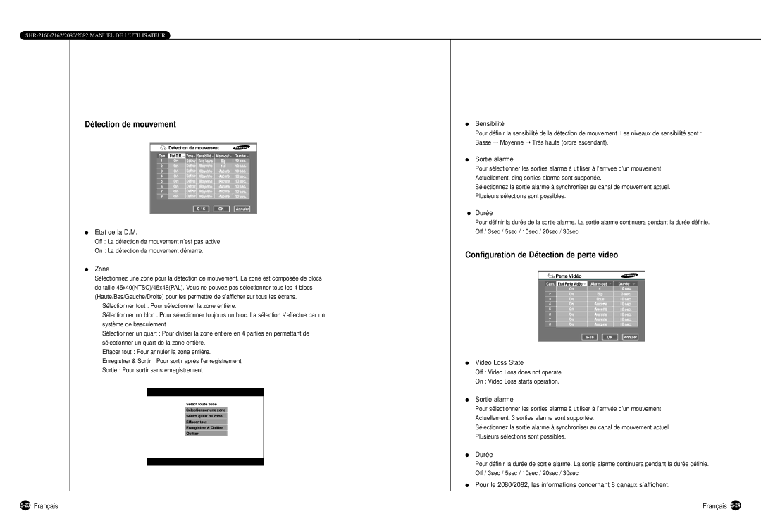 Samsung SHR-2082P500, SHR-2162P, SHR-2160P Détection de mouvement, Configuration de Détection de perte video, 23Français 