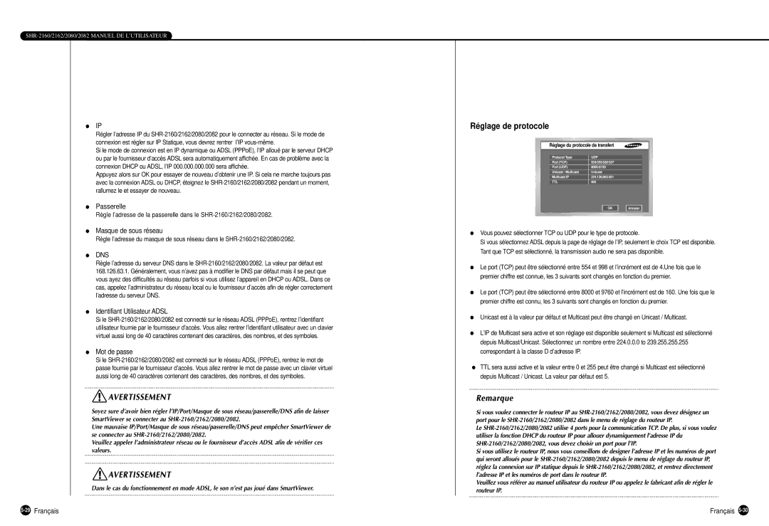 Samsung SHR-2160P, SHR-2080P, SHR-2162P750, SHR-2082P500, SHR-2162P500 manual Réglage de protocole, 29Français 