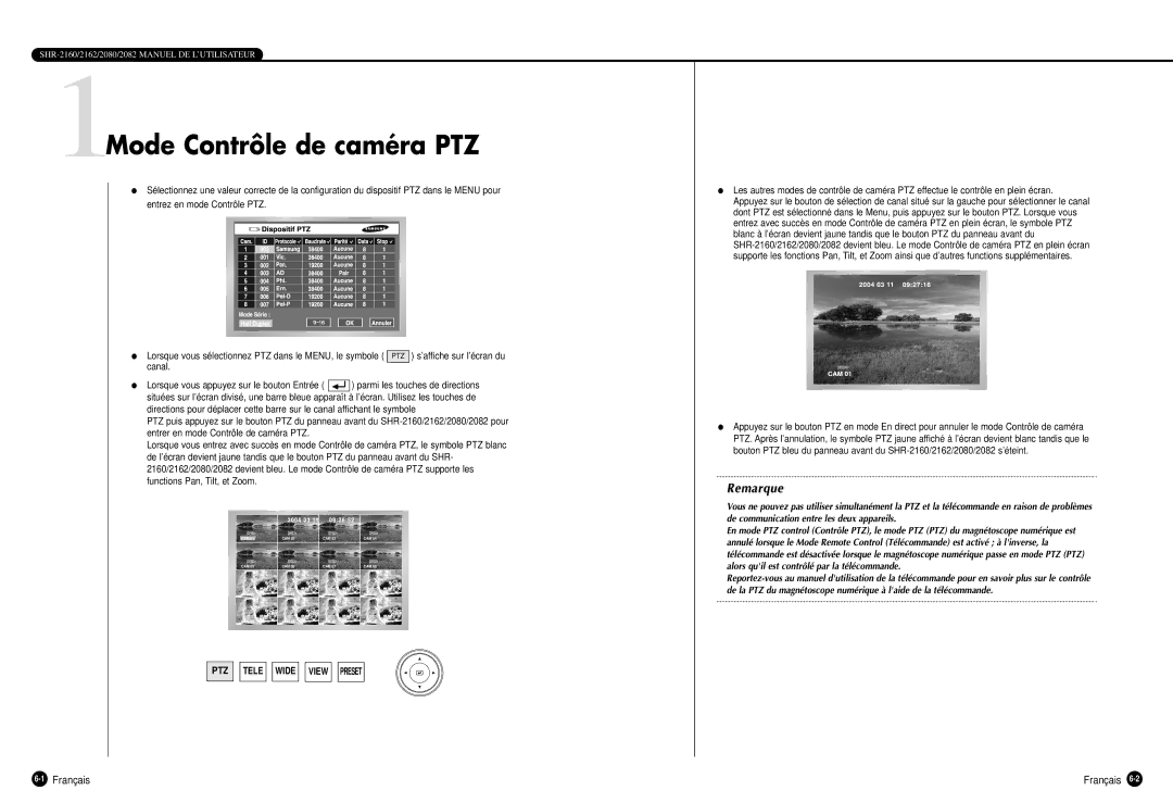 Samsung SHR-2162P750, SHR-2160P, SHR-2080P, SHR-2082P500 manual 1Mode Contrôle de caméra PTZ, PTZ Tele Wide View Preset 