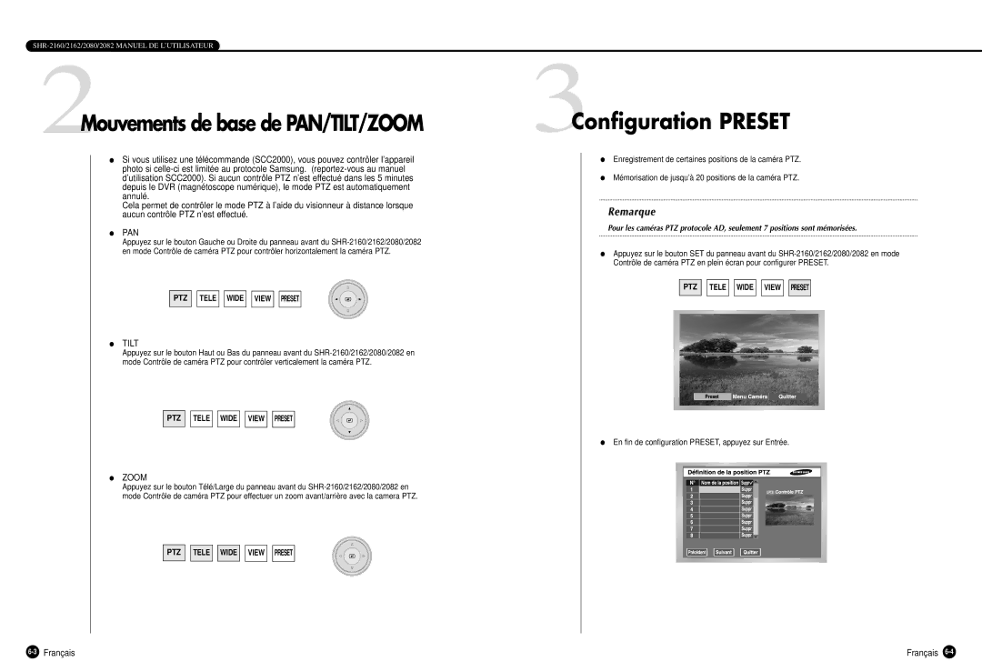 Samsung SHR-2082P500, SHR-2162P, SHR-2160P, SHR-2080P manual 2Mouvements de base de PAN/TILT/ZOOM, 3Configuration Preset 