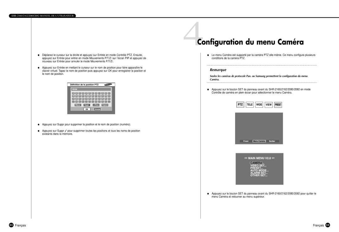 Samsung SHR-2162P500, SHR-2160P, SHR-2080P, SHR-2162P750, SHR-2082P500 manual 4Configuration du menu Caméra, 5Français 