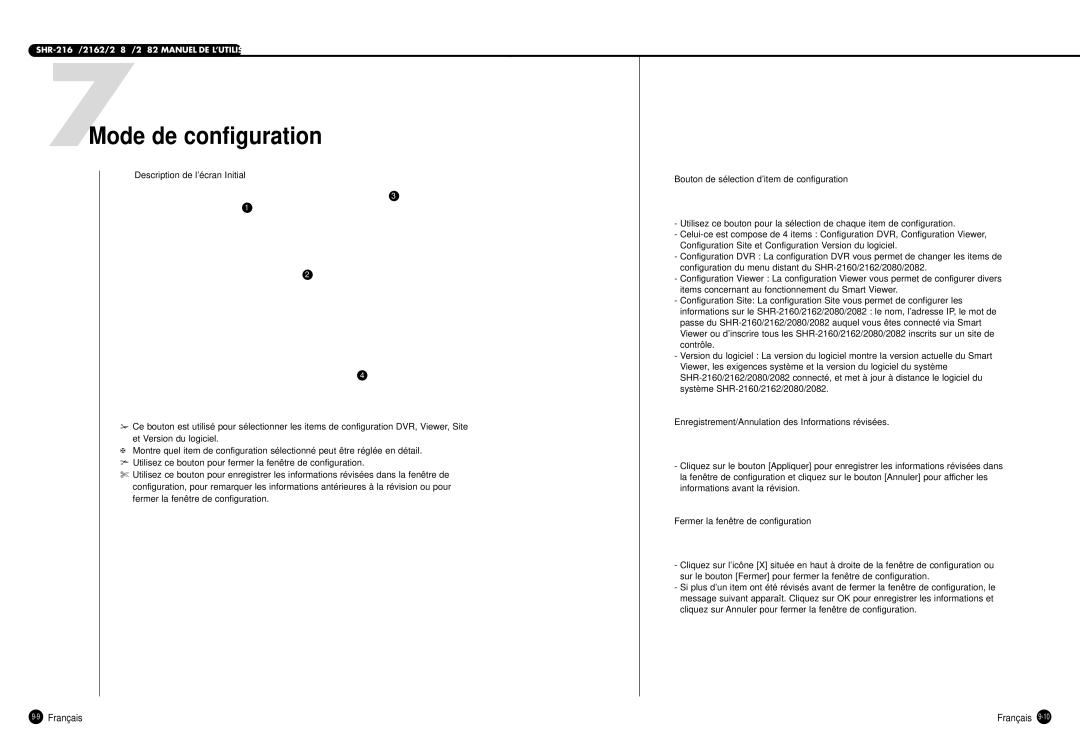 Samsung SHR-2160P, SHR-2080P, SHR-2162P750, SHR-2082P500, SHR-2162P500 manual 7Mode de configuration, 9Français 