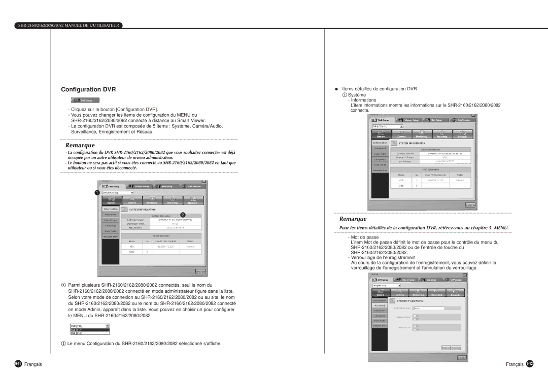 Samsung SHR-2160P, SHR-2080P, SHR-2162P750, SHR-2082P500, SHR-2162P500 manual Cliquez sur le bouton Configuration DVR 