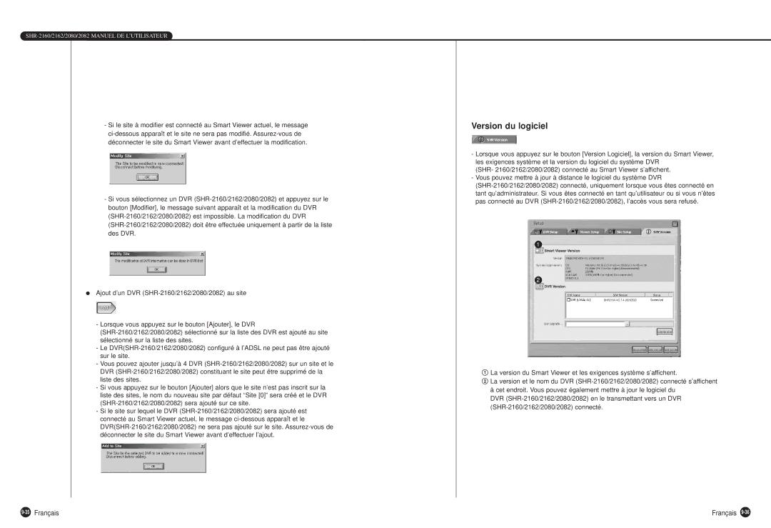 Samsung SHR-2162P500, SHR-2160P, SHR-2080P, SHR-2162P750, SHR-2082P500 manual Version du logiciel, 35Français 