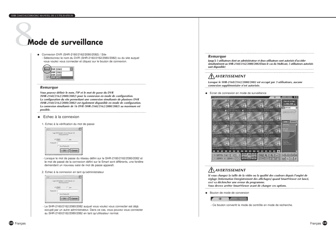 Samsung SHR-2160P, SHR-2162P, SHR-2080P manual 8Mode de surveillance, 39Français, Ecran de connexion en mode de surveillance 