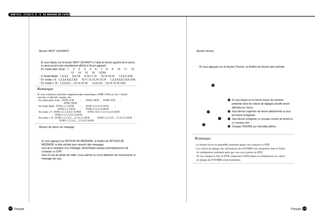 Samsung SHR-2082P500, SHR-2160P, SHR-2080P, SHR-2162P750, SHR-2162P500 manual 47Français, DVR216CH 