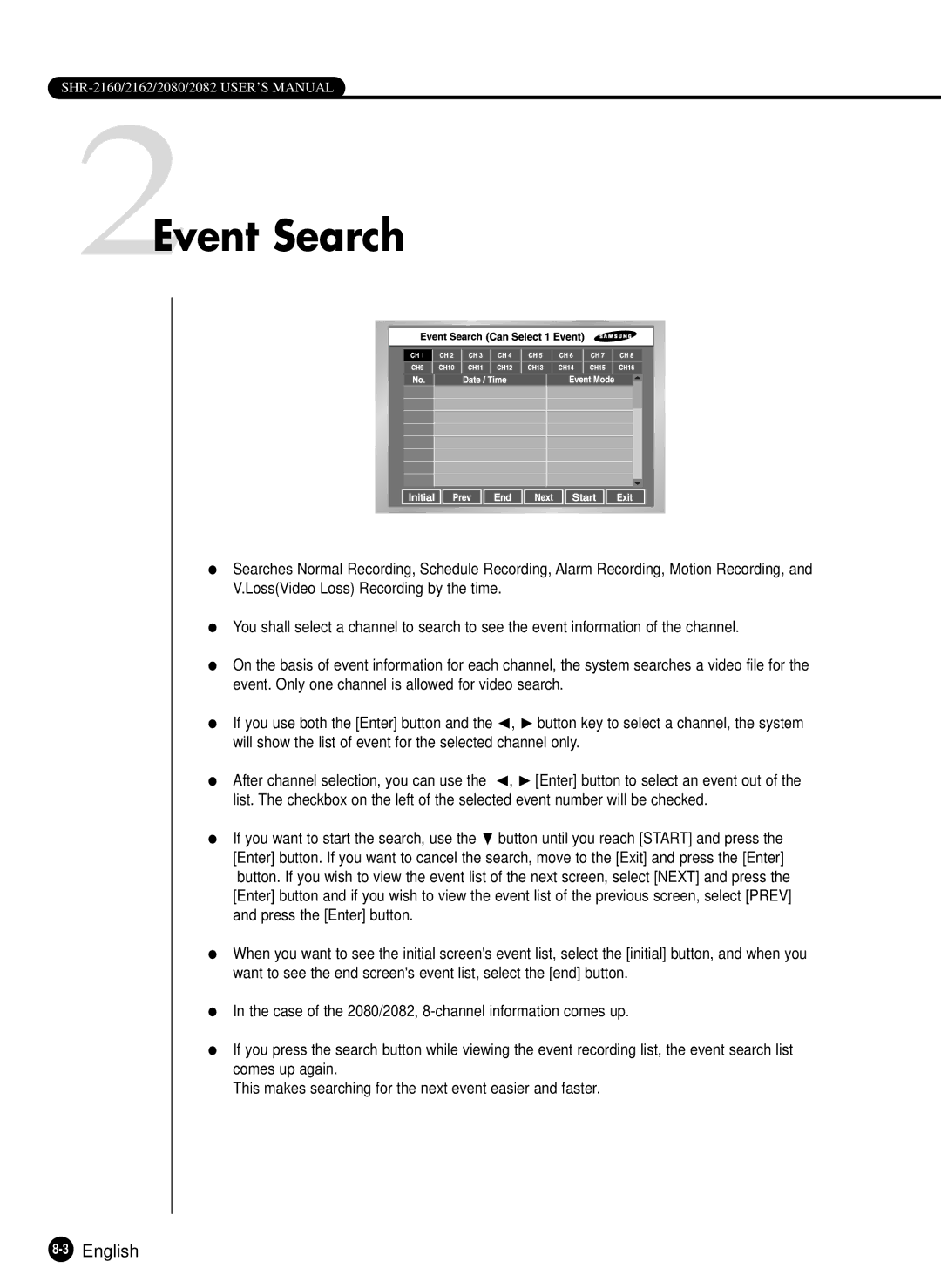 Samsung SHR-2162P750, SHR-2082P500, SHR-2162P500, SHR-2080P/XEC, SHR-2160P/XEC manual 2Event Search, 3English 