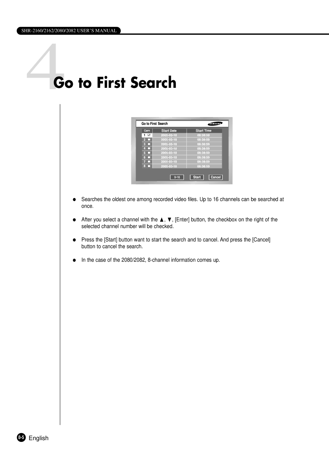 Samsung SHR-2082P500, SHR-2162P750, SHR-2162P500, SHR-2080P/XEC, SHR-2160P/XEC manual 4Go to First Search, 5English 