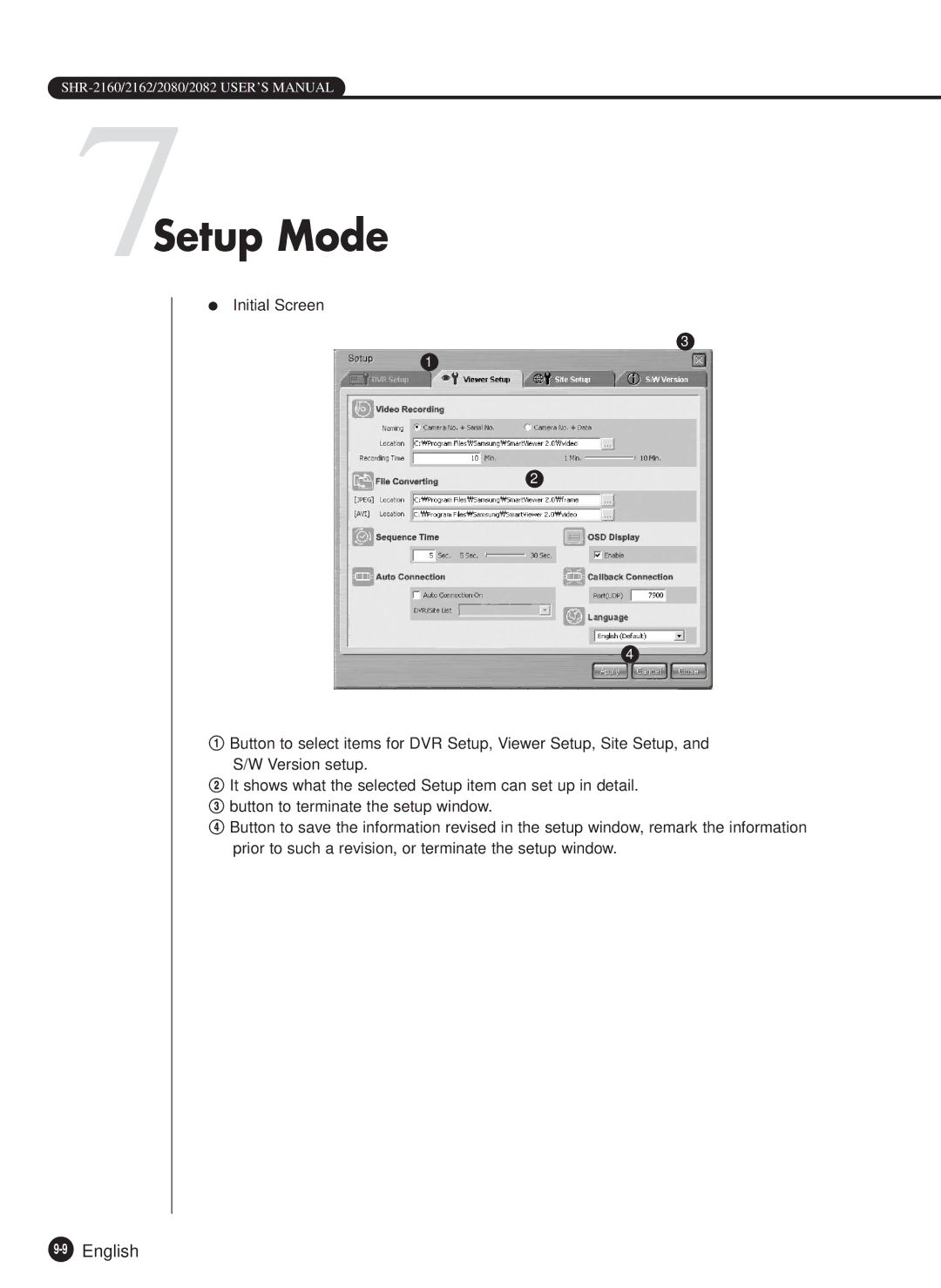 Samsung SHR-2160P/TRK, SHR-2162P750, SHR-2082P500, SHR-2162P500, SHR-2080P/XEC, SHR-2160P/XEC 7Setup Mode, 9English 