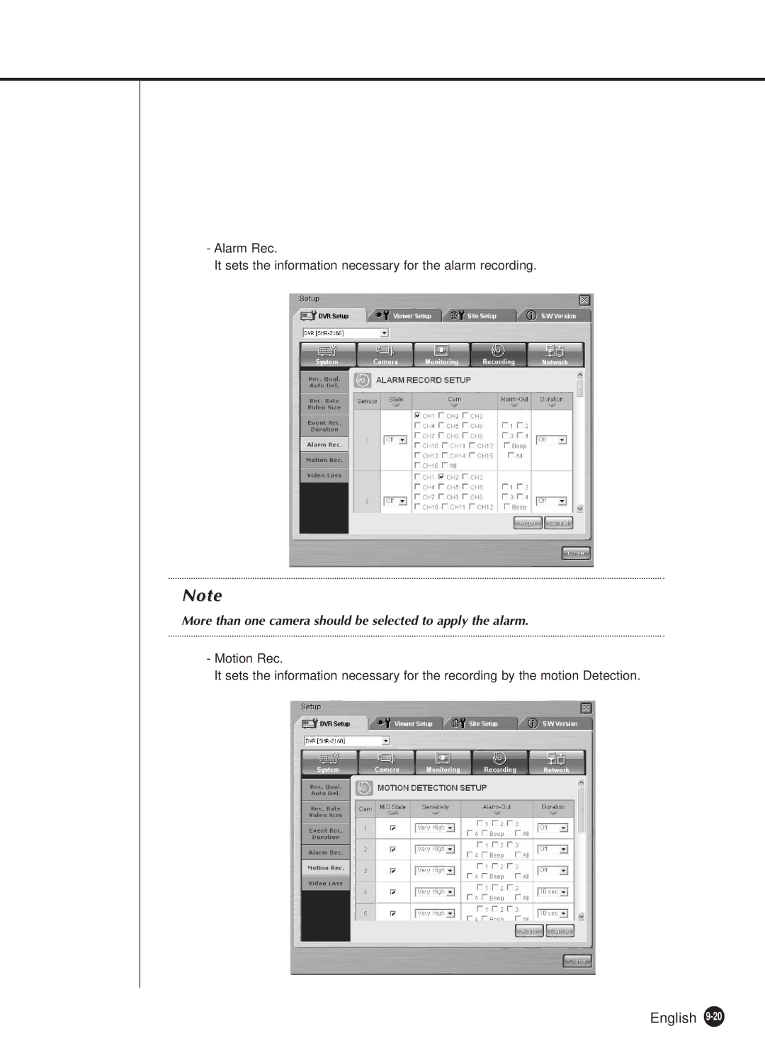 Samsung SHR-2160P/TRK, SHR-2162P, SHR-2080P, SHR-2082P manual More than one camera should be selected to apply the alarm 