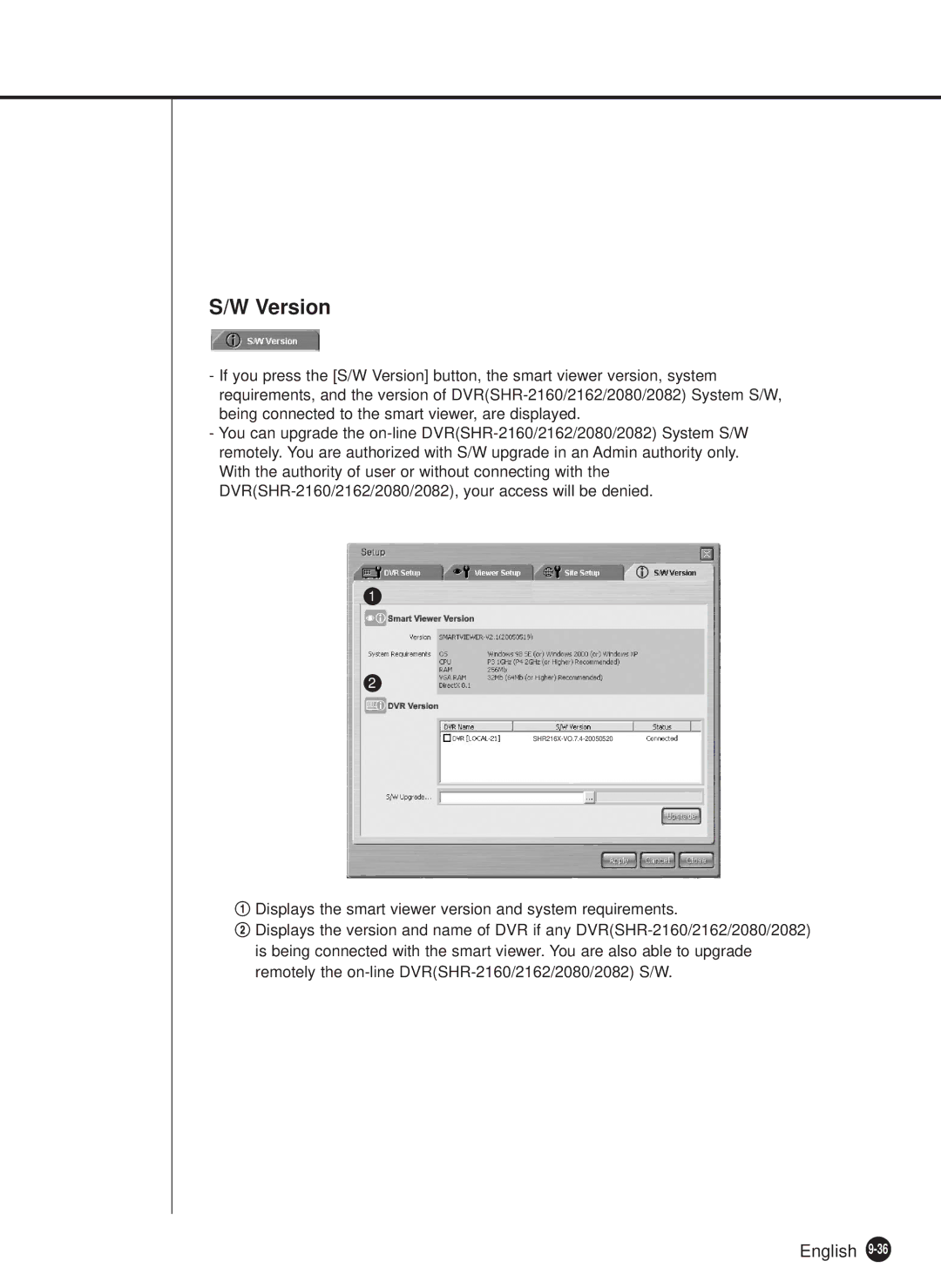 Samsung SHR-2082P, SHR-2162P, SHR-2160P, SHR-2080P manual Version, Displays the smart viewer version and system requirements 