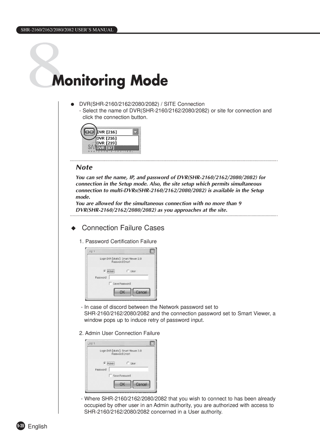 Samsung SHR-2162P500, SHR-2162P750, SHR-2082P500, SHR-2080P/XEC, SHR-2160P/XEC manual 8Monitoring Mode, 39English 